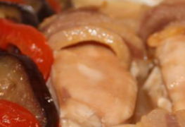 Chicken loin, cooked with vegetables in arm.